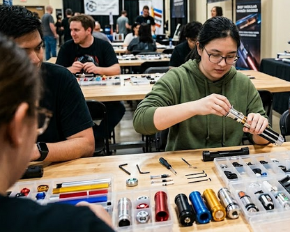 People working on small components at a table with tools and parts. Not AI generated.